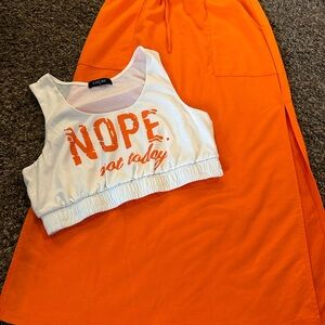 Criche White and Orange Crop Top and Skirt Set